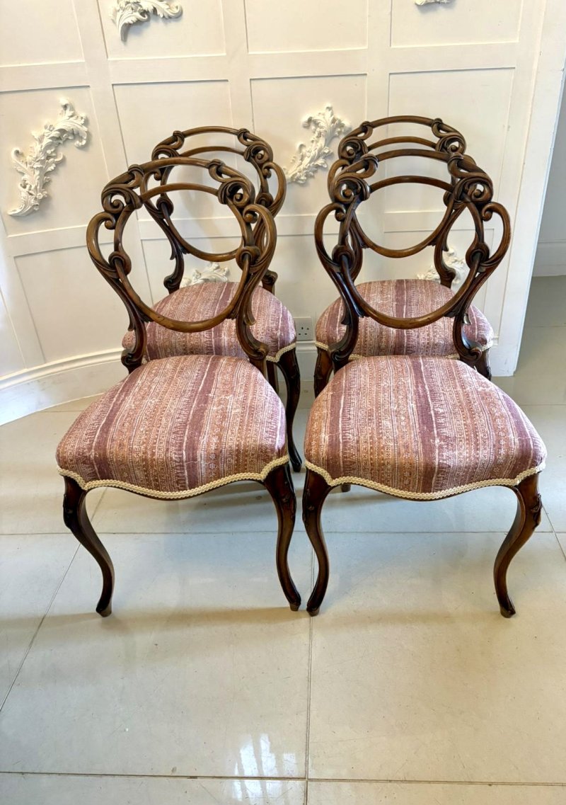 Antique Victorian Carved Walnut Balloon Back Dining Chairs Set of Four - Image 2